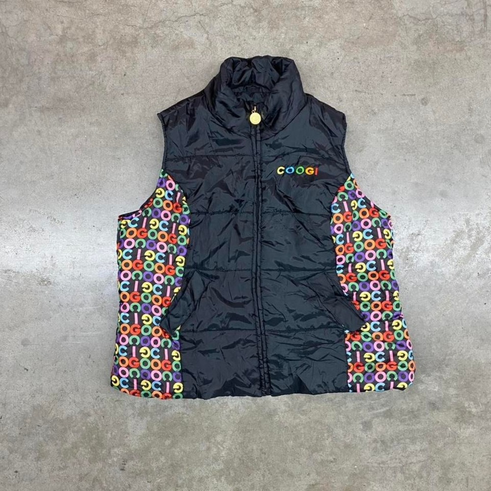 Vintage COOGI Women's Puffer Vest Black Multicolor Rainbow Logo Size 2XL